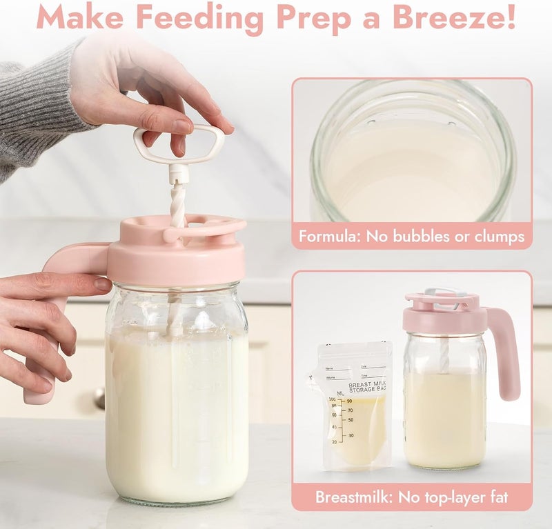 Papablic 32oz Wide Mouth Mason Jar Pour Spout Lid with Mixing Handle & Flip Locking Spout for Mixing Formula/Breastmilk/Protein Powder/Coffee, Pink - Image 2